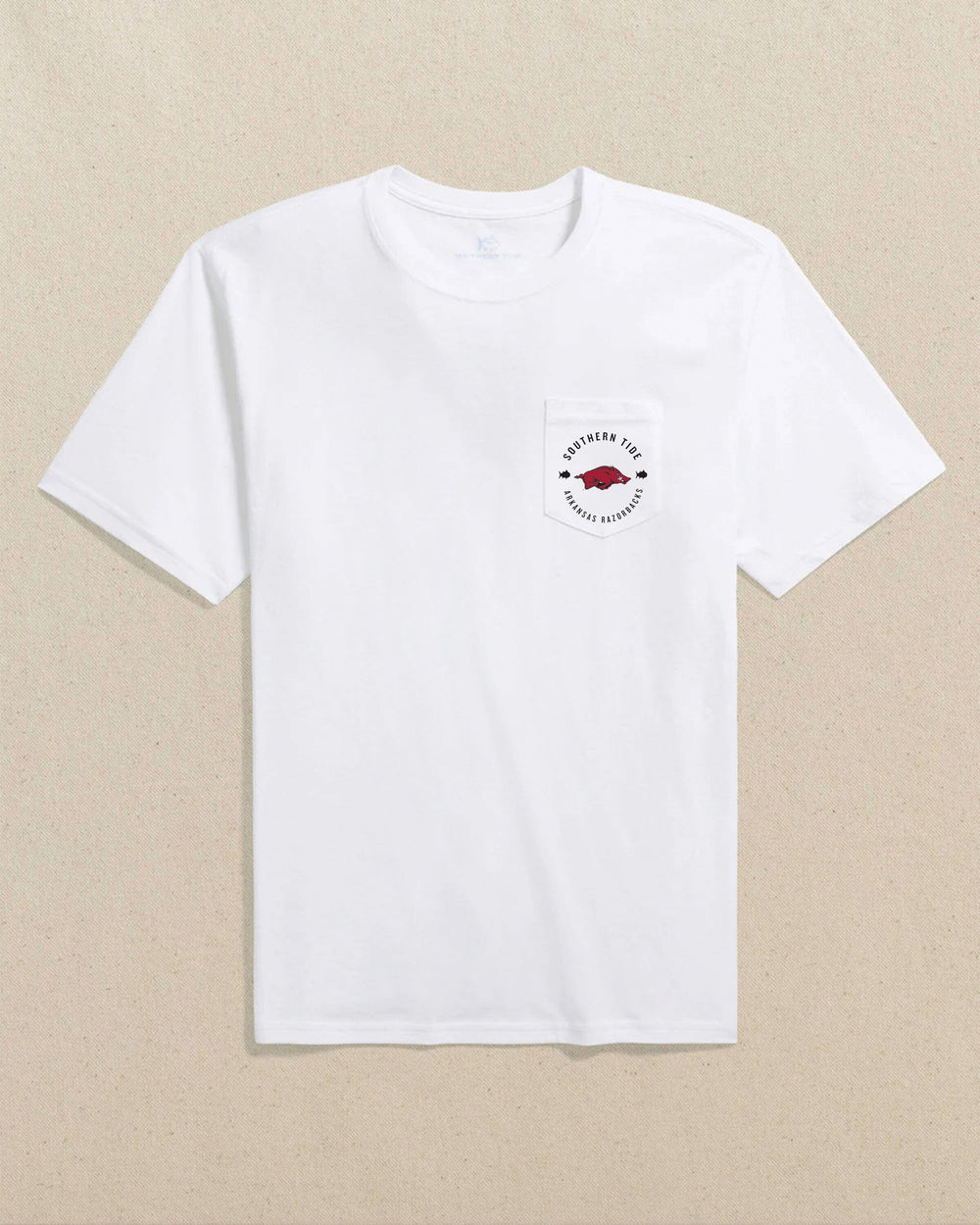 The front view of the Southern Tide Arkansas Razorbacks Stadium View Short Sleeve T-Shirt by Southern Tide - Classic White