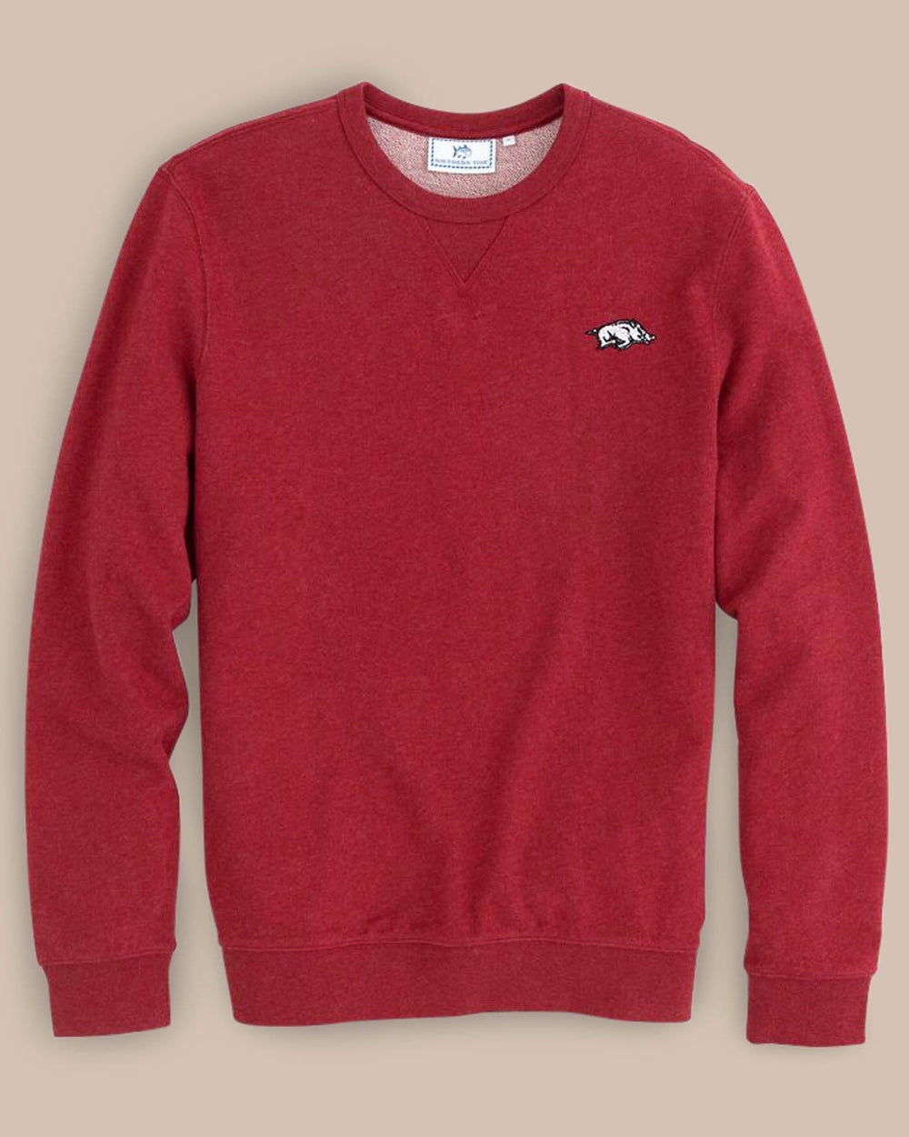 The front view of the Men's Red Arkansas Upper Deck Pullover Sweatshirt by Southern Tide - Heather Crimson