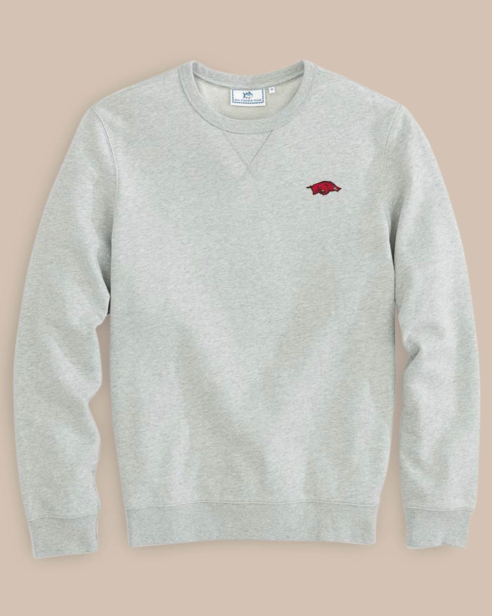 The front view of the Men's Grey Arkansas Upper Deck Pullover Sweatshirt by Southern Tide - Heather Slate Grey