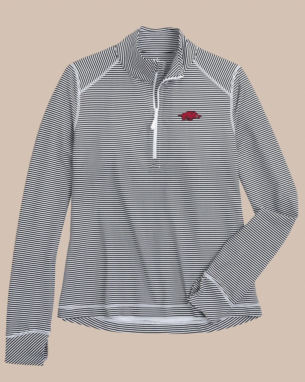 The front view of the Southern Tide Arkansas Razorbacks Women's Striped Runaround Quarter Zip by Southern Tide - Black