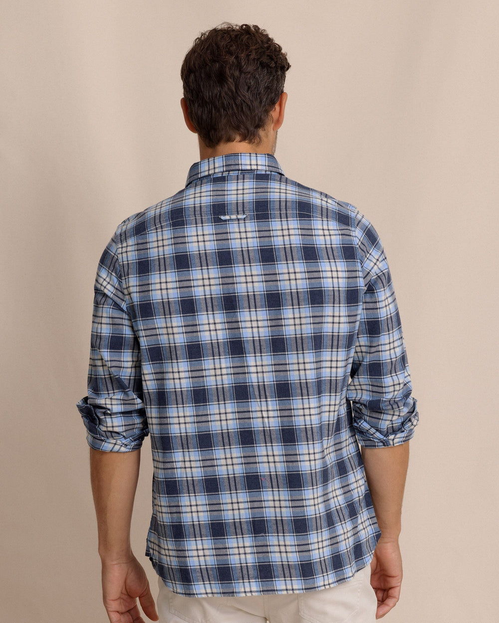 The back view of the Southern Tide Ashborough Plaid Brushed Twill Long Sleeve Sport Shirt by Southern Tide - Heather Dress Blue