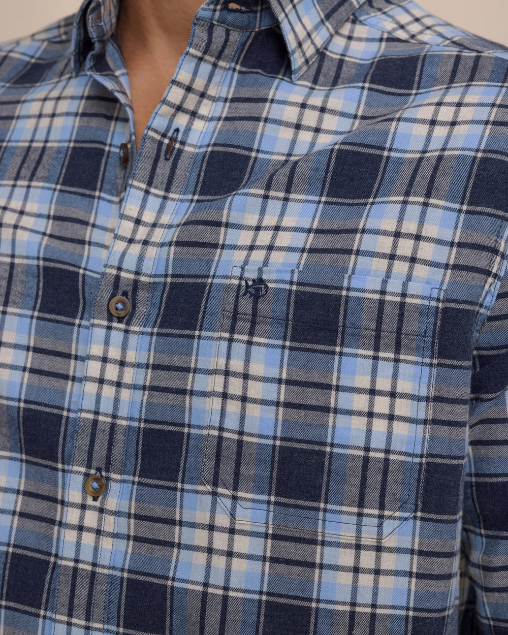 The detail view of the Southern Tide Ashborough Plaid Brushed Twill Long Sleeve Sport Shirt by Southern Tide - Heather Dress Blue