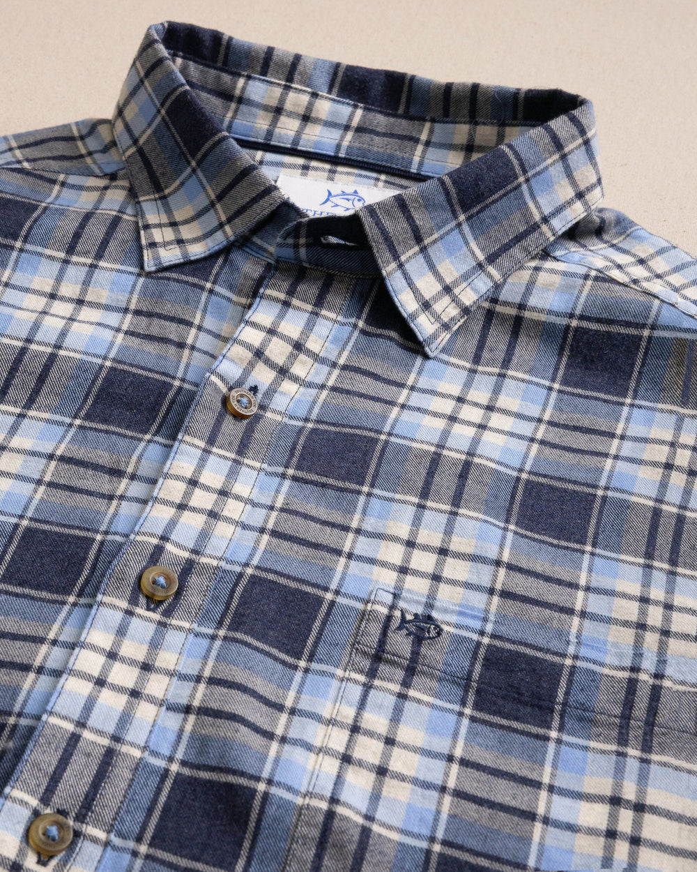 The detail view of the Southern Tide Ashborough Plaid Brushed Twill Long Sleeve Sport Shirt by Southern Tide - Heather Dress Blue