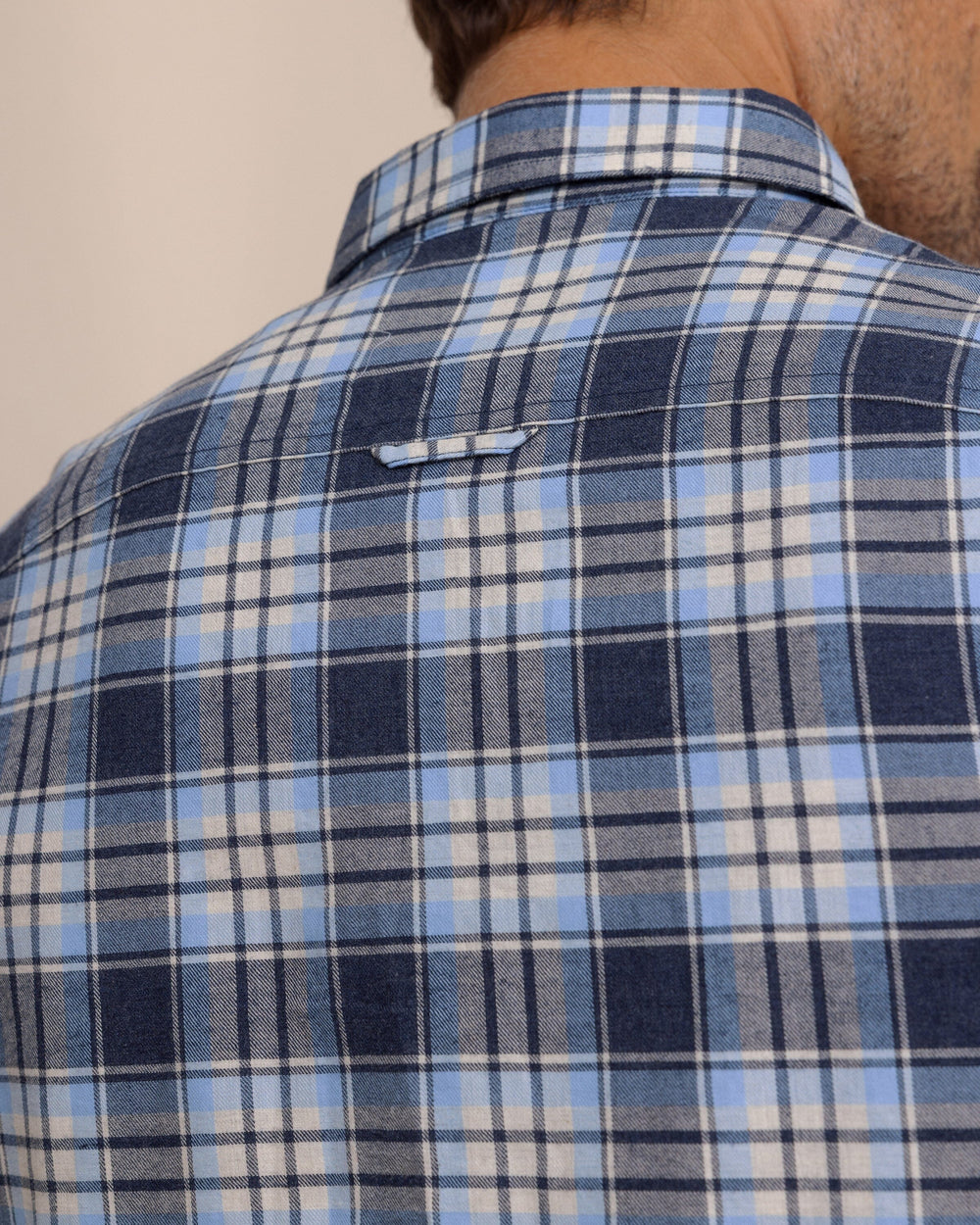 The detail view of the Southern Tide Ashborough Plaid Brushed Twill Long Sleeve Sport Shirt by Southern Tide - Heather Dress Blue