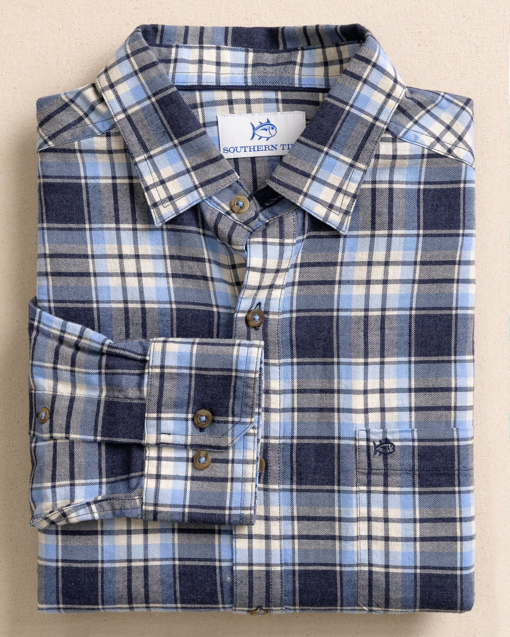 The front view of the Southern Tide Ashborough Plaid Brushed Twill Long Sleeve Sport Shirt by Southern Tide - Heather Dress Blue