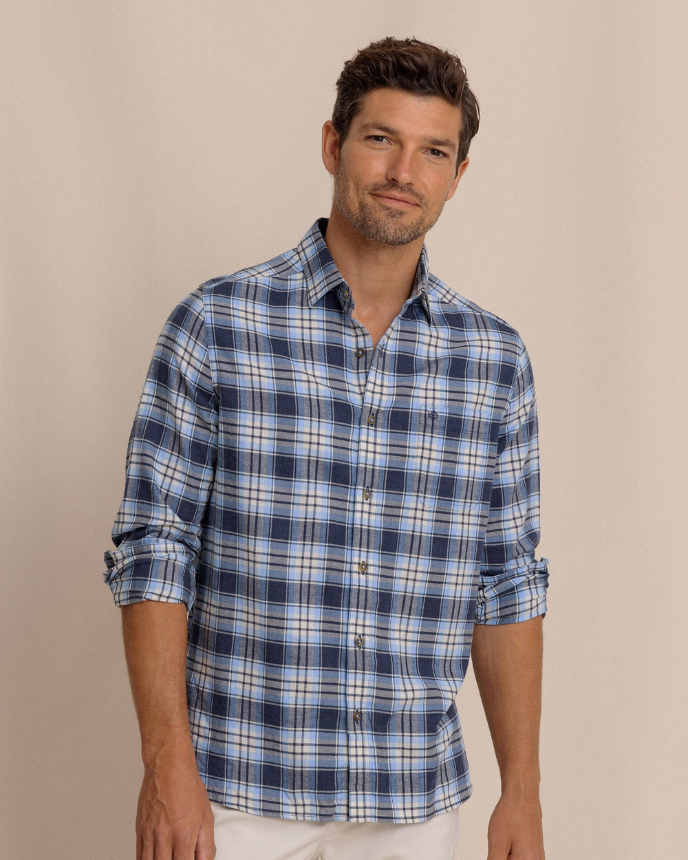 The front view of the Southern Tide Ashborough Plaid Brushed Twill Long Sleeve Sport Shirt by Southern Tide - Heather Dress Blue