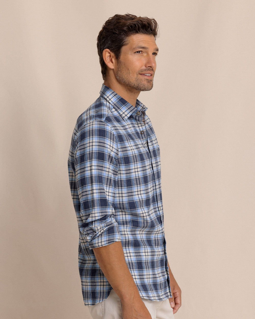 The side view of the Southern Tide Ashborough Plaid Brushed Twill Long Sleeve Sport Shirt by Southern Tide - Heather Dress Blue