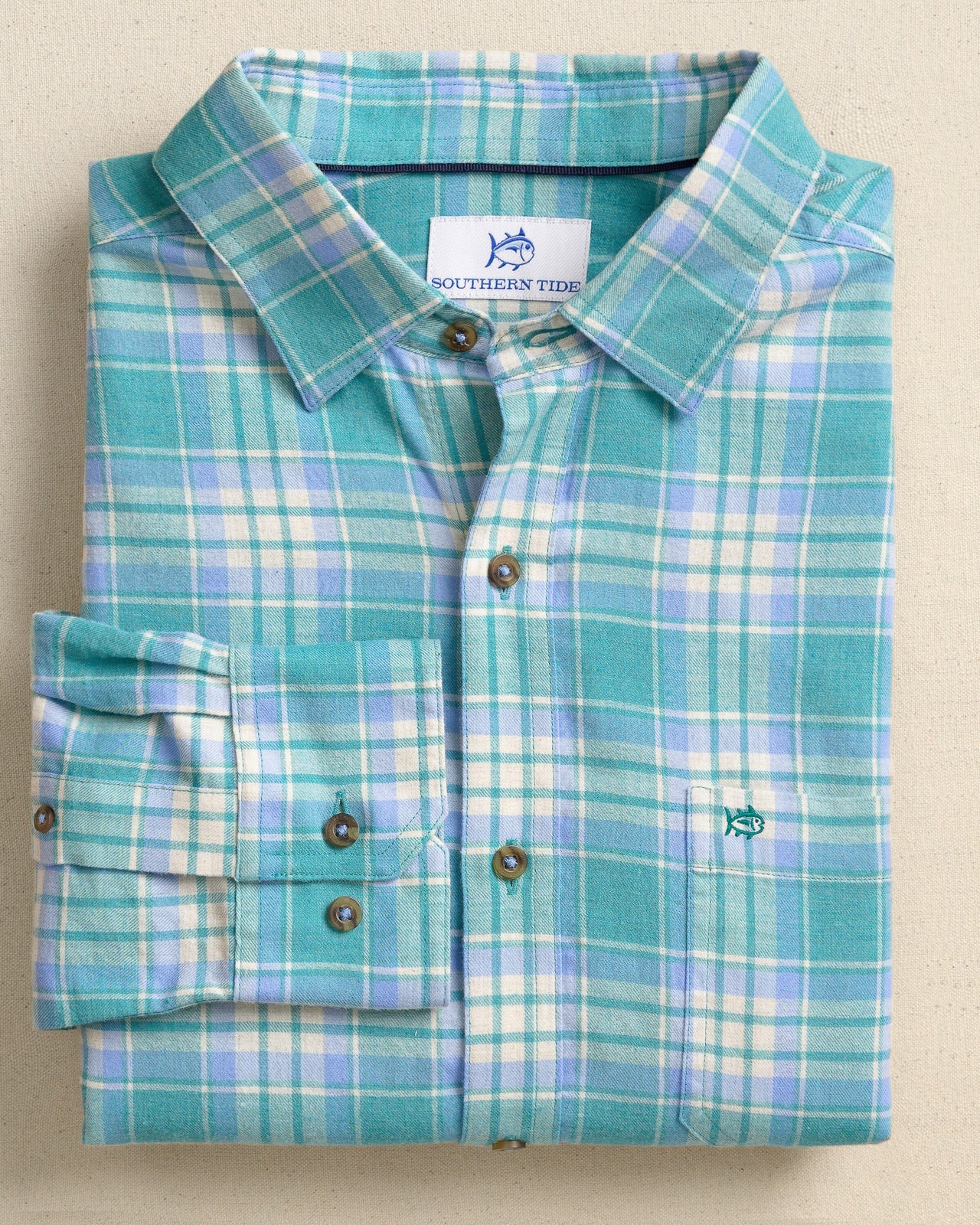 The front view of the Southern Tide Ashborough Plaid Brushed Twill Long Sleeve Sport Shirt by Southern Tide - Heather Spruce Shade