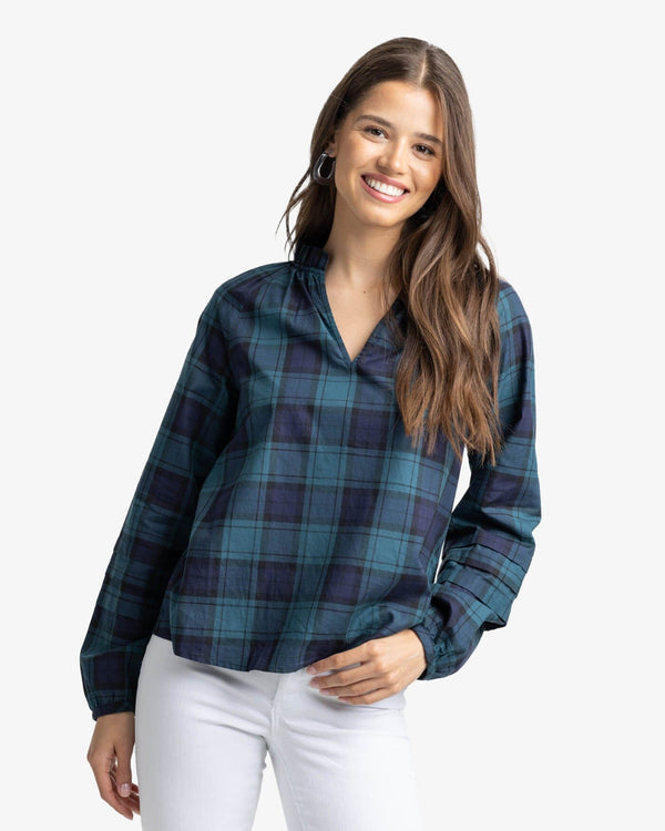 The front view of the Southern Tide Aubree Plaid Top by Southern Tide - Georgian Bay Green