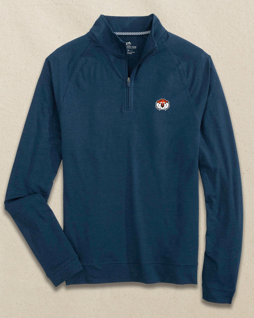 The front view of the Southern Tide Auburn Tiger Head Cruiser Heather Quarter Zip by Southern Tide - Heather Dress Blue