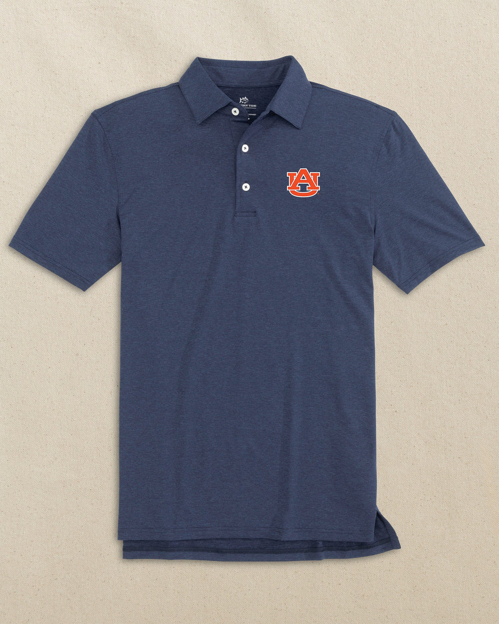 The front view of the Southern Tide Auburn Tigers brrr°®-eeze Heather Performance Polo by Southern Tide - Heather Nautical Navy