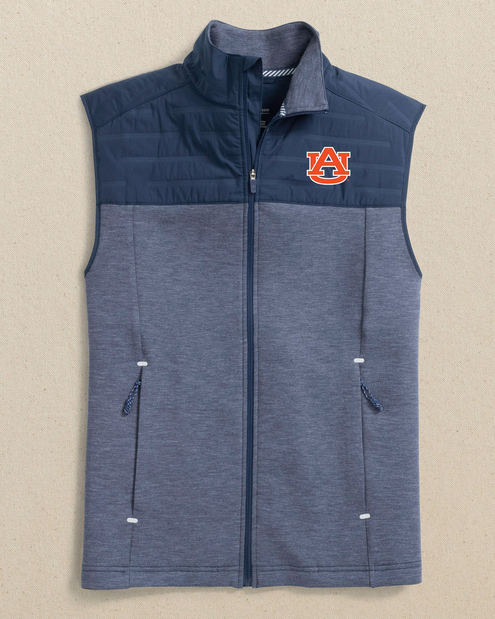 The front view of the Southern Tide Auburn Tigers Coligny Quilted Vest by Southern Tide - Dress Blue
