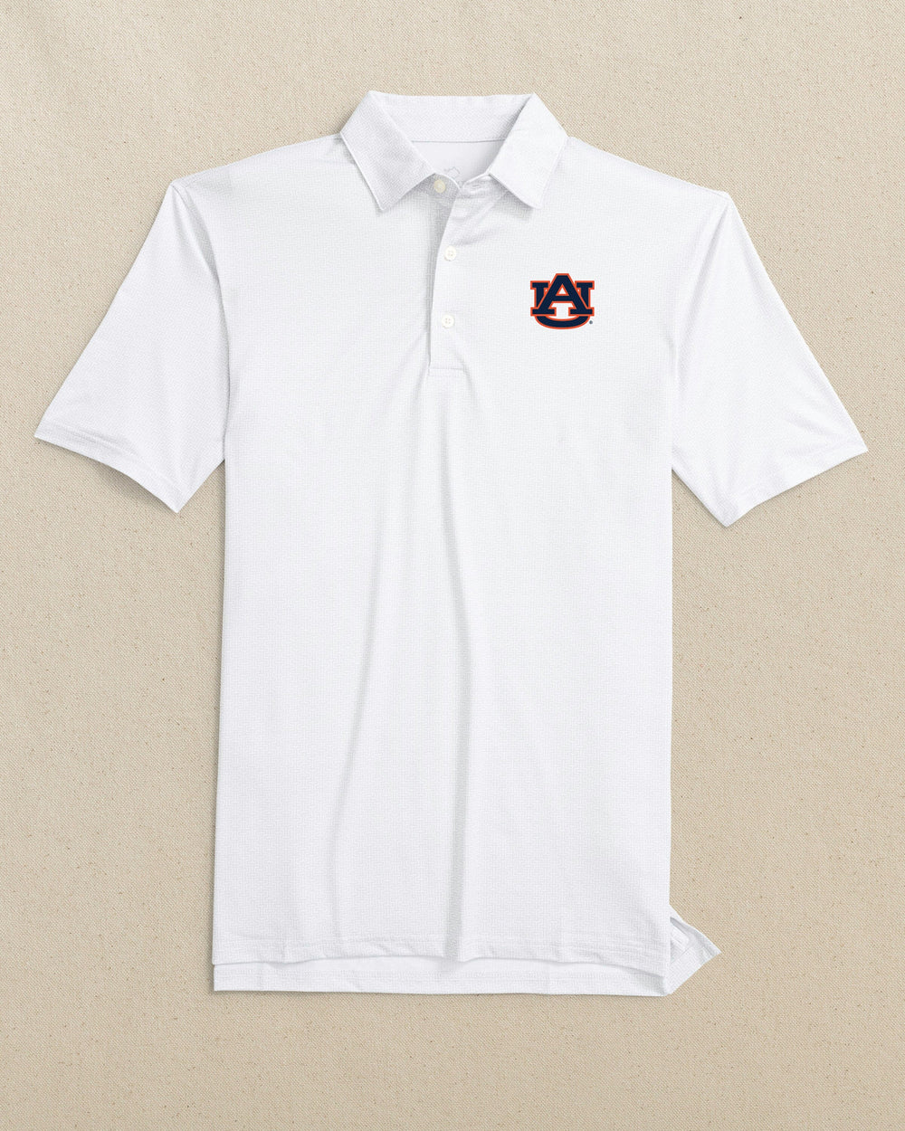 The front view of the Southern Tide Auburn Tigers Driver ST Geo Printed Polo by Southern Tide - Classic White