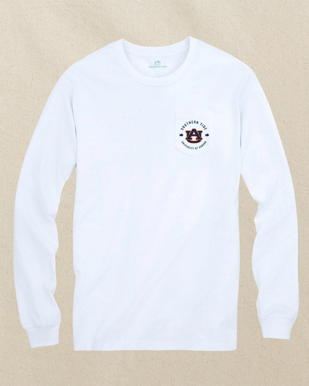 The front view of the Southern Tide Auburn Tigers Gameday Bonfire Long Sleeve T-Shirt by Southern Tide - Classic White