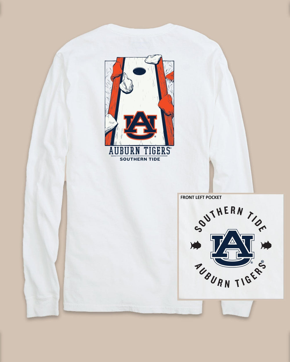 The back view of the Auburn Tigers Gameday Cornhole Board T-Shirt by Southern Tide - Classic White