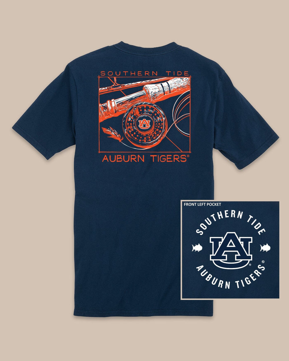 The back view of the Auburn Tigers Gameday Fly Reel T-Shirt by Southern Tide - Navy