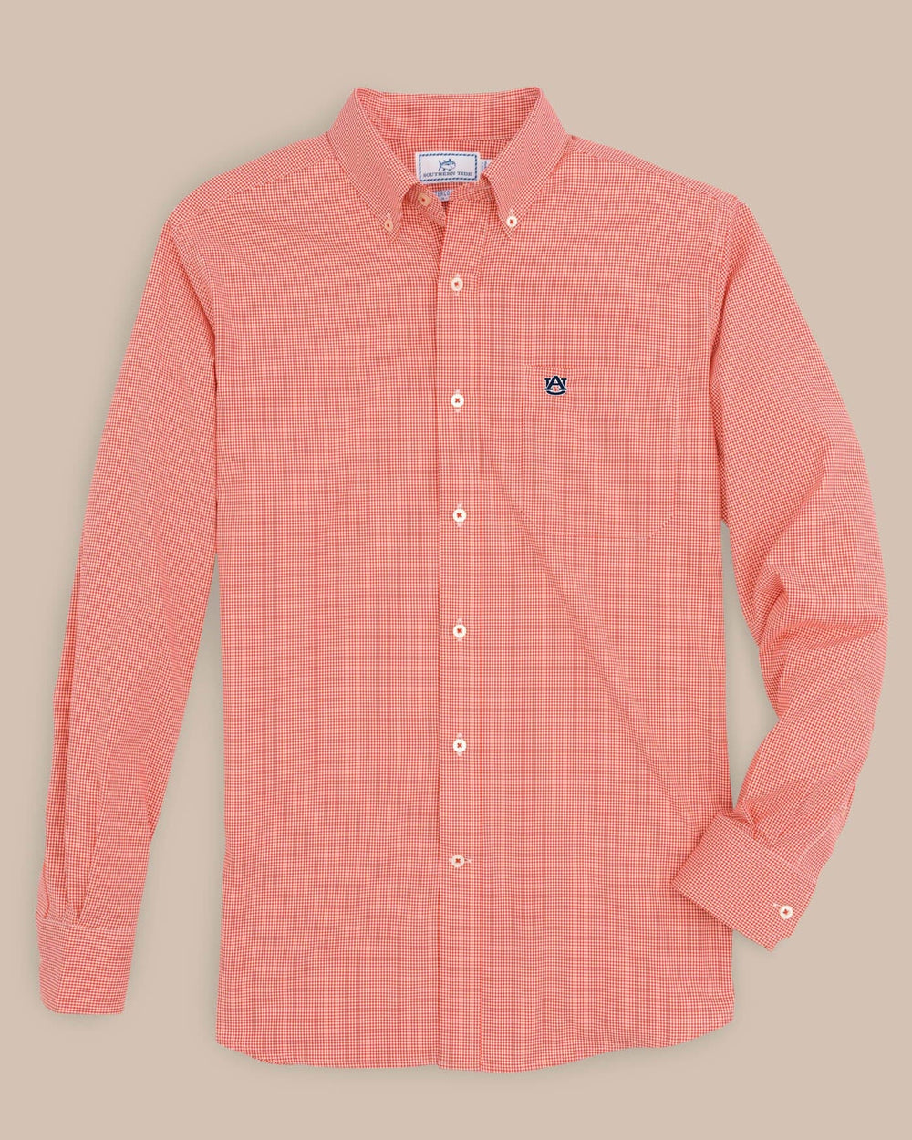 The front view of the Men's Orange Auburn Tigers Gingham Button Down Shirt by Southern Tide - Endzone Orange