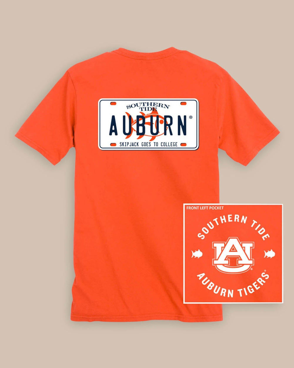 The back view of the Auburn Tigers License Plate T-Shirt by Southern Tide - Endzone Orange