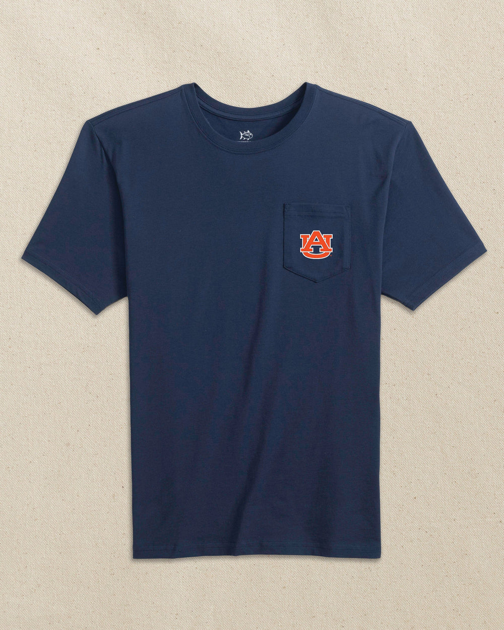 The front view of the Southern Tide Auburn Tigers Skipjack Play Short Sleeve T-Shirt by Southern Tide - Navy and Endzone Orange