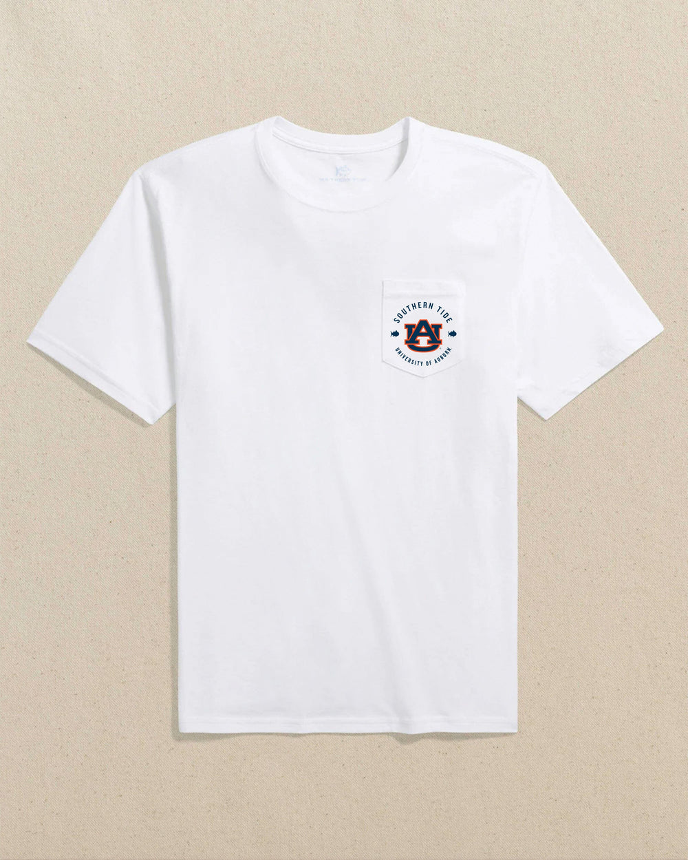 The front view of the Southern Tide Auburn Tigers Stadium View Short Sleeve T-Shirt by Southern Tide - Classic White