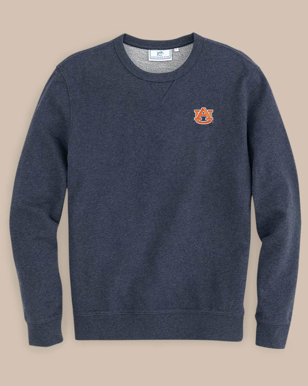 The front view of the Auburn Upper Deck Pullover Sweatshirt by Southern Tide - Heather Navy