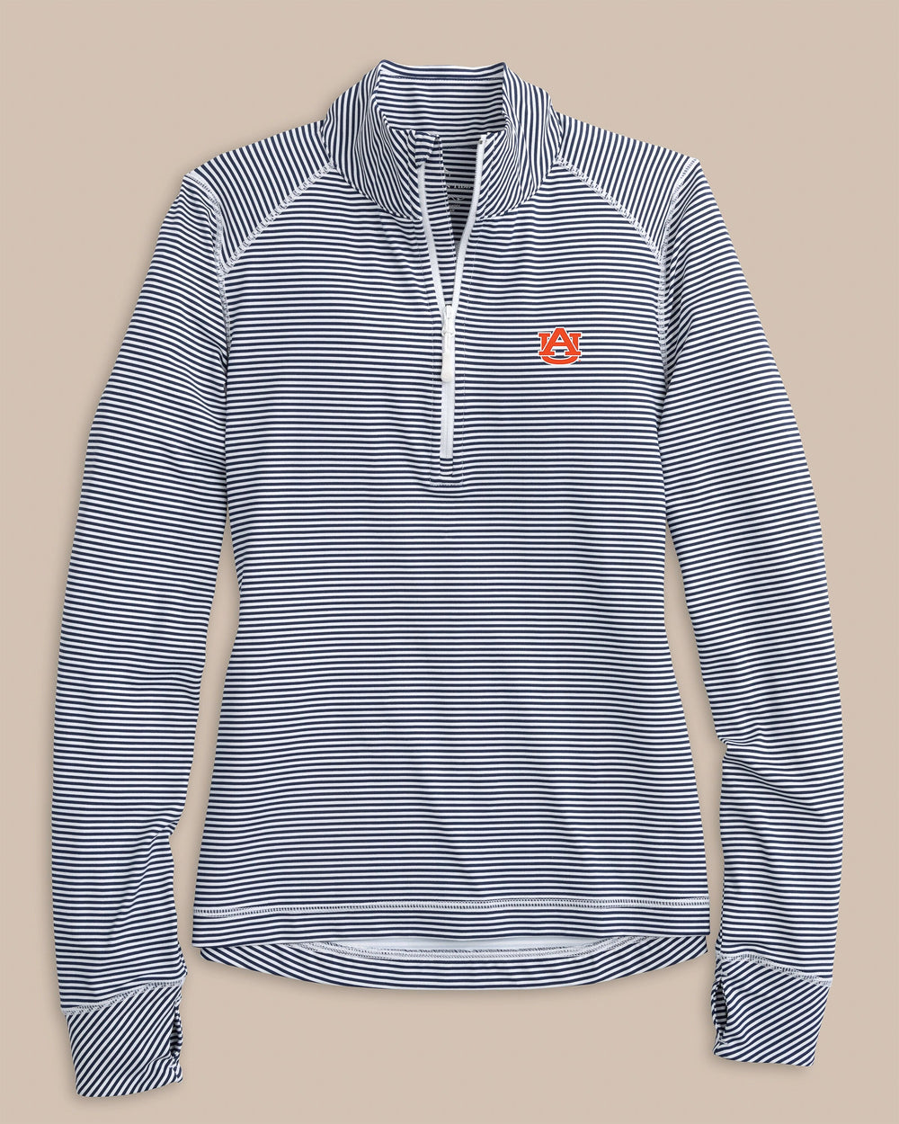 The front view of the Southern Tide Auburn Tigers Women's Striped Runaround Quarter Zip by Southern Tide - Dress Blue