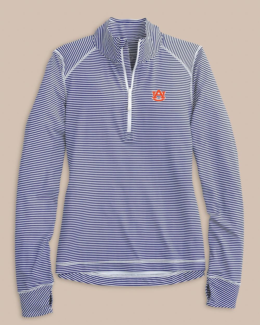 The front view of the Southern Tide Auburn Tigers Women's Striped Runaround Quarter Zip by Southern Tide - Nautical Navy