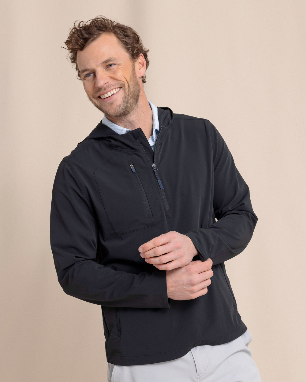 The front view of the Southern Tide Avondale Performance Jacket by Southern Tide - Caviar Black