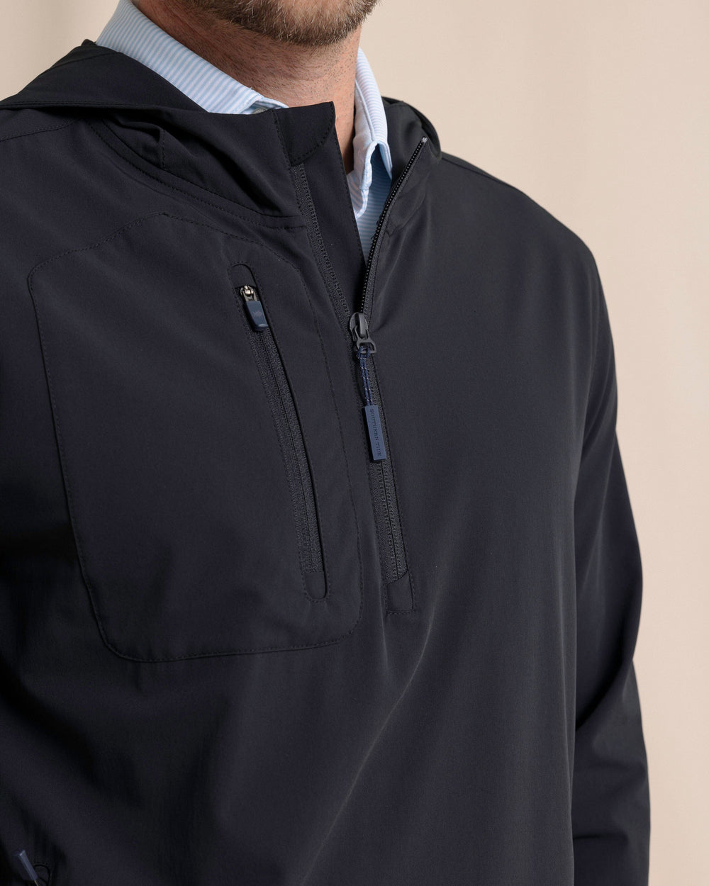 The front detail view of the Southern Tide Avondale Performance Jacket by Southern Tide - Caviar Black