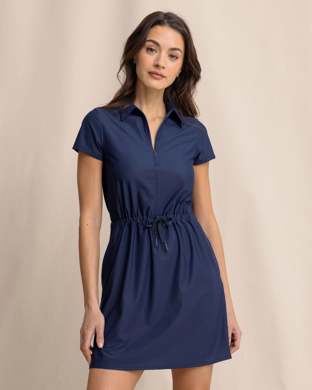 The front view of the Southern Tide Bailee Short Sleeve Performance Dress by Southern Tide - Dress Blue