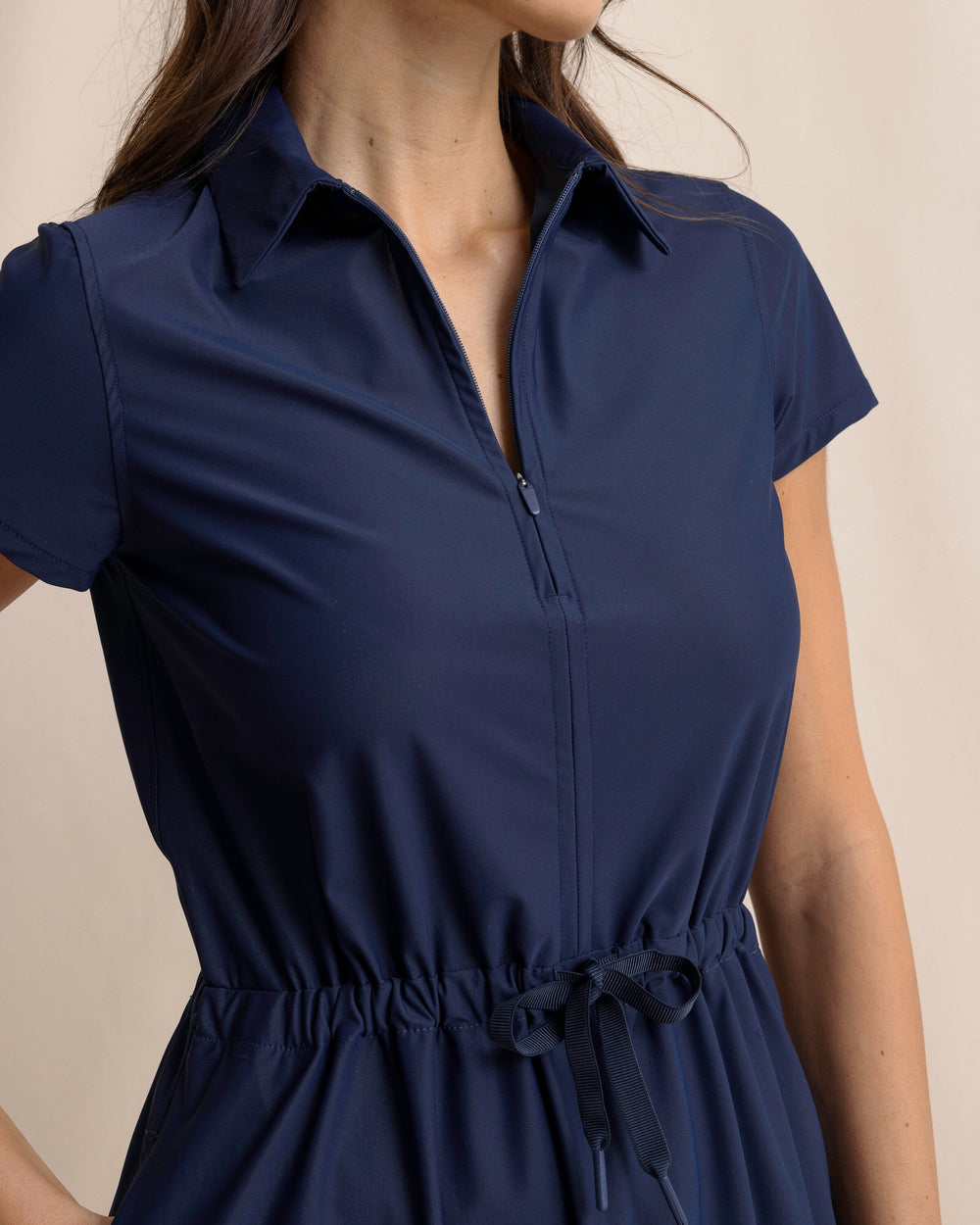 The front detail view of the Southern Tide Bailee Short Sleeve Performance Dress by Southern Tide - Dress Blue