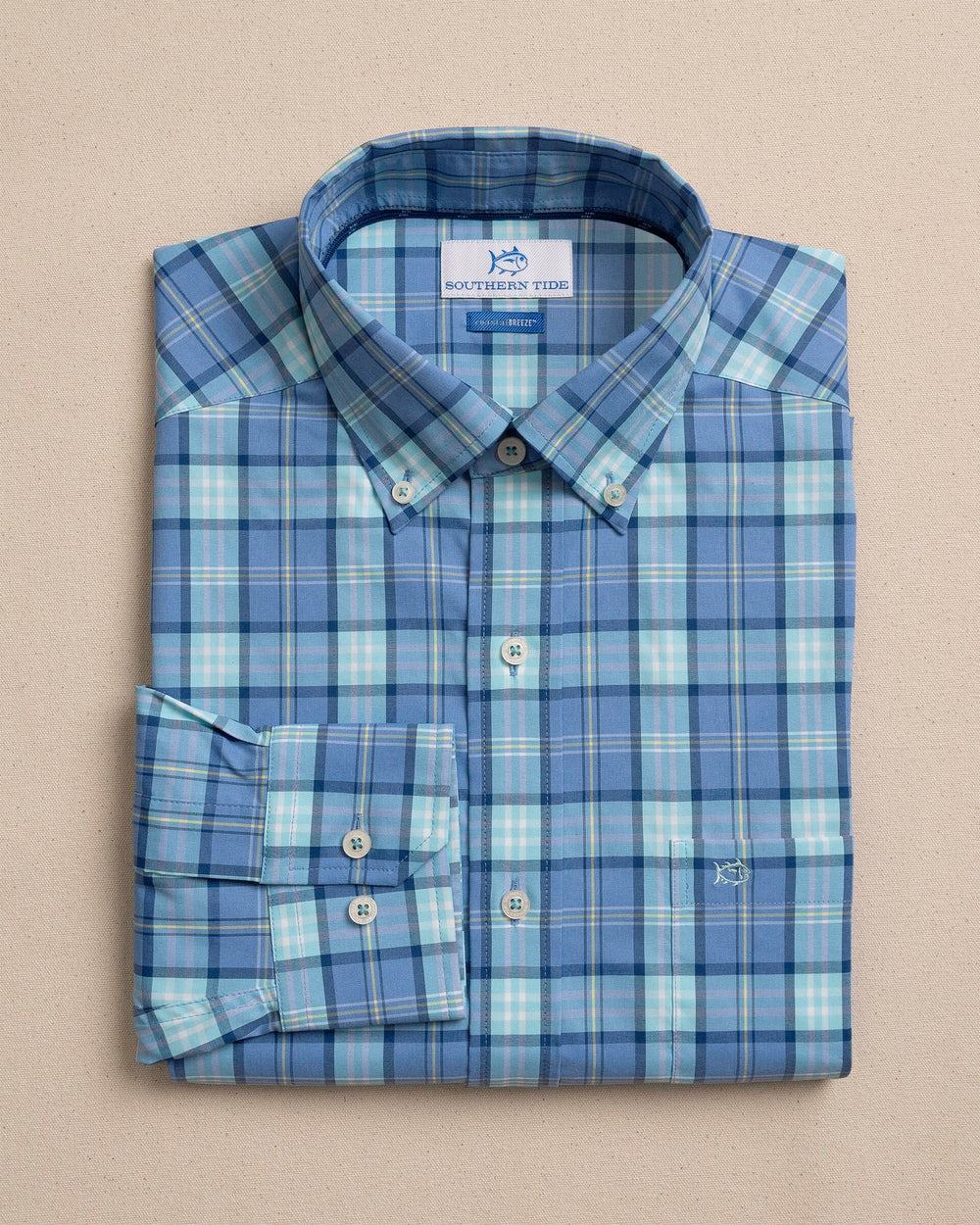The front view of the Southern Tide Barfield Heather Coastal Breeze® Sport Shirt by Southern Tide - Heather Tide Blue