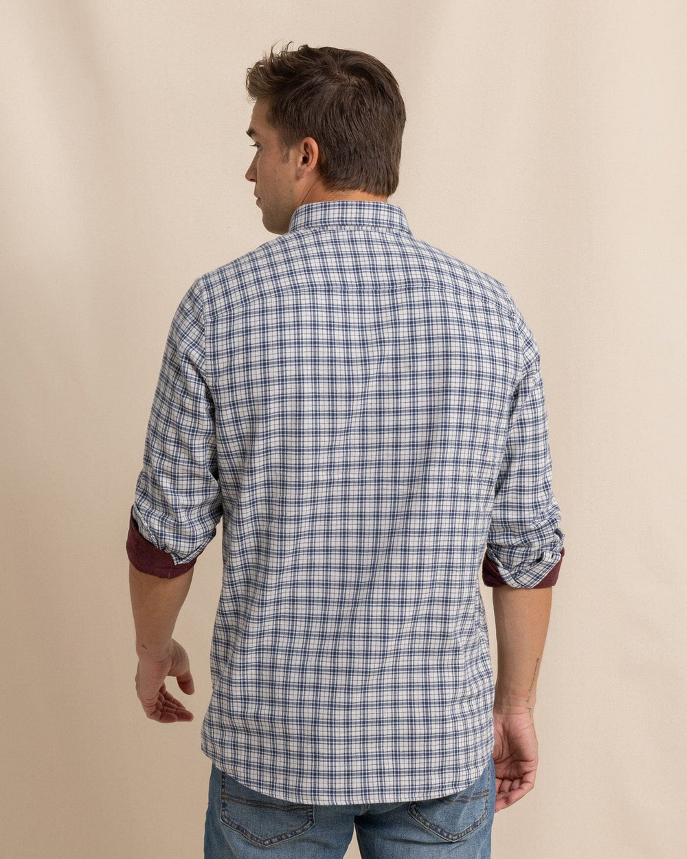 The back view of the Southern Tide Barnwell Plaid Long Sleeve Sport Shirt by Southern Tide - Oatmeal