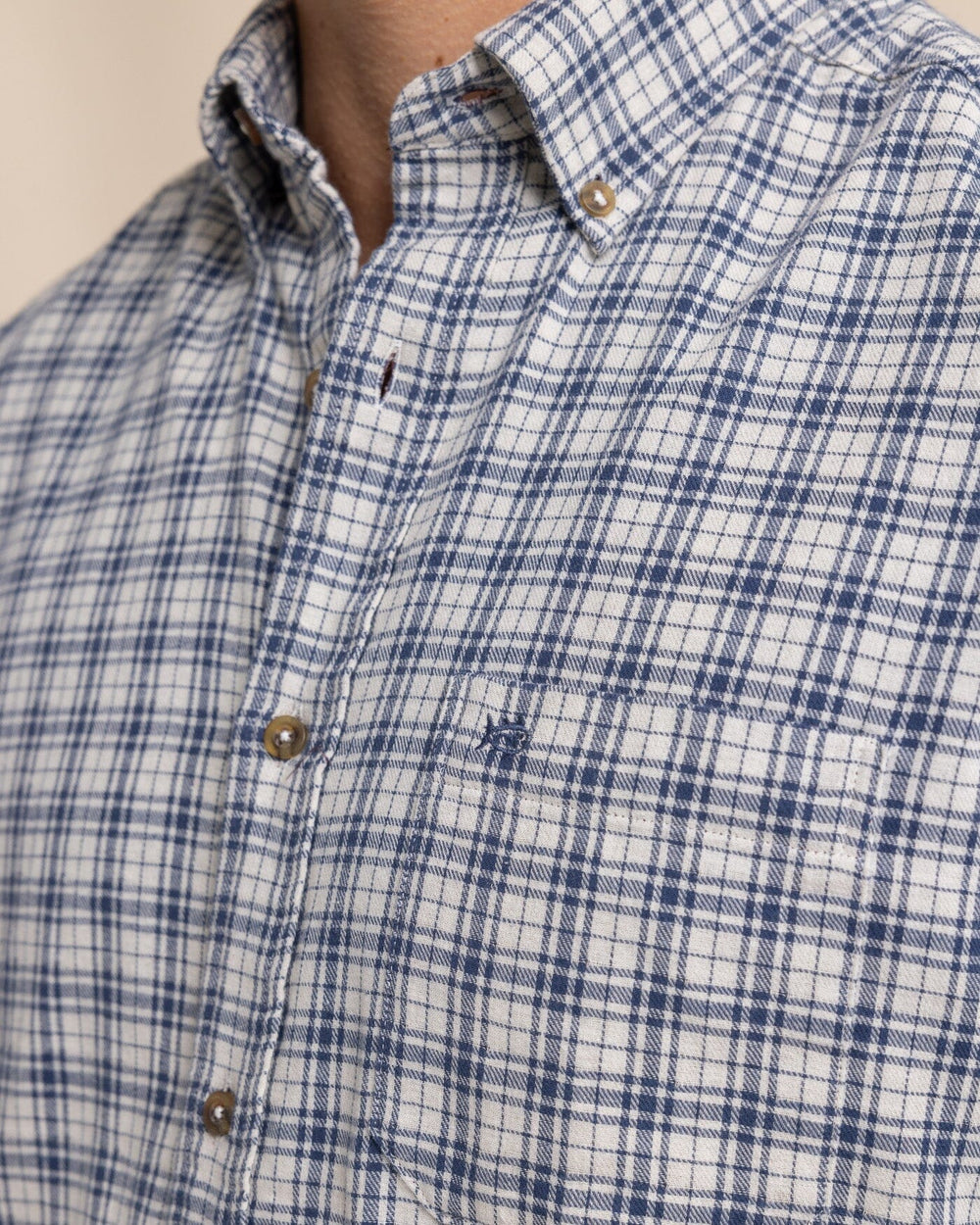 The detail view of the Southern Tide Barnwell Plaid Long Sleeve Sport Shirt by Southern Tide - Oatmeal