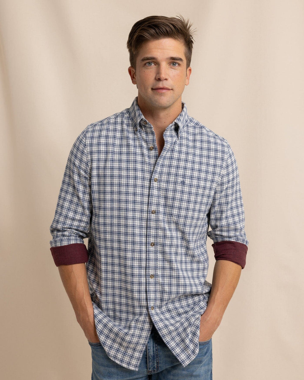 The front view of the Southern Tide Barnwell Plaid Long Sleeve Sport Shirt by Southern Tide - Oatmeal