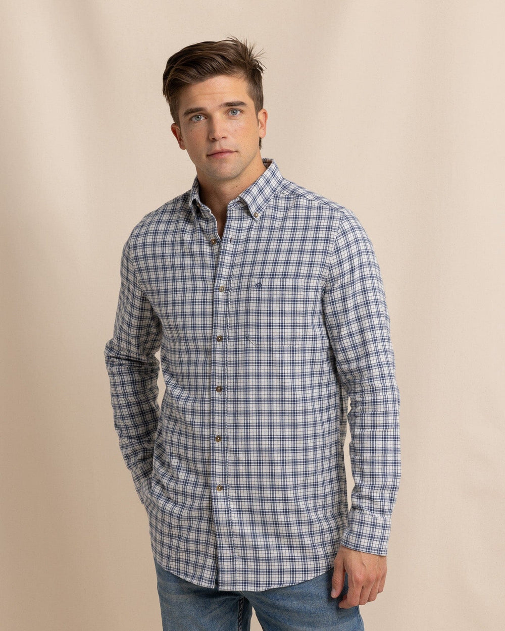 The front view of the Southern Tide Barnwell Plaid Long Sleeve Sport Shirt by Southern Tide - Oatmeal