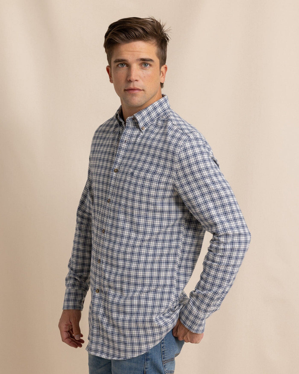 The side view of the Southern Tide Barnwell Plaid Long Sleeve Sport Shirt by Southern Tide - Oatmeal