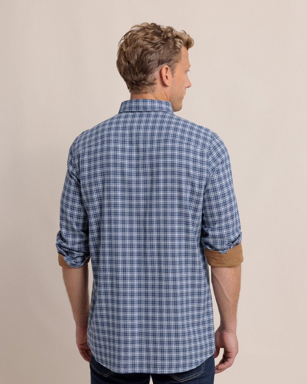 The back view of the Southern Tide Barnwell Plaid Long Sleeve Sport Shirt by Southern Tide - Triumph Blue