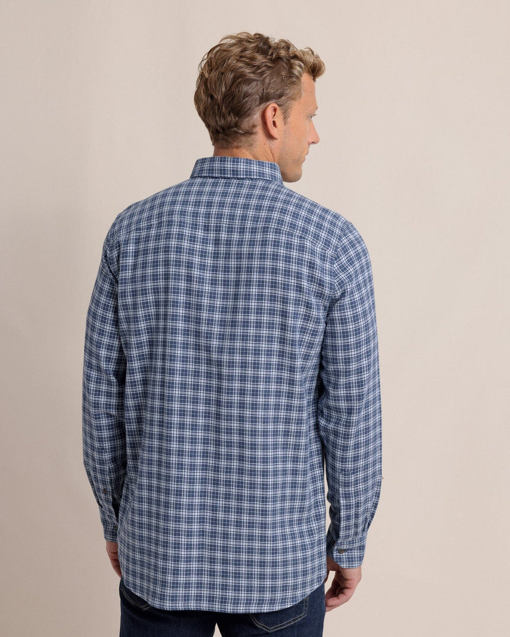 The back view of the Southern Tide Barnwell Plaid Long Sleeve Sport Shirt by Southern Tide - Triumph Blue