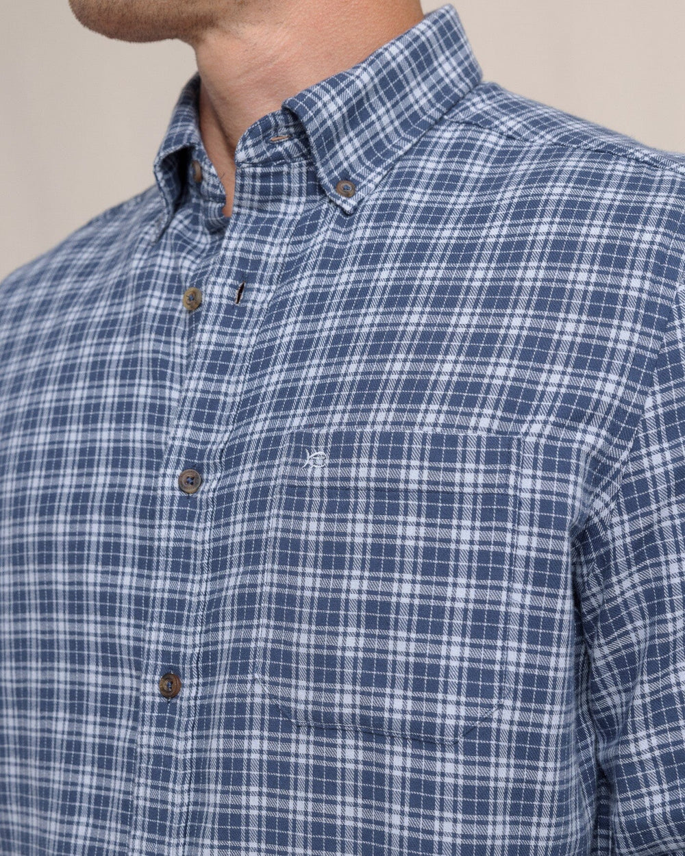 The detail view of the Southern Tide Barnwell Plaid Long Sleeve Sport Shirt by Southern Tide - Triumph Blue