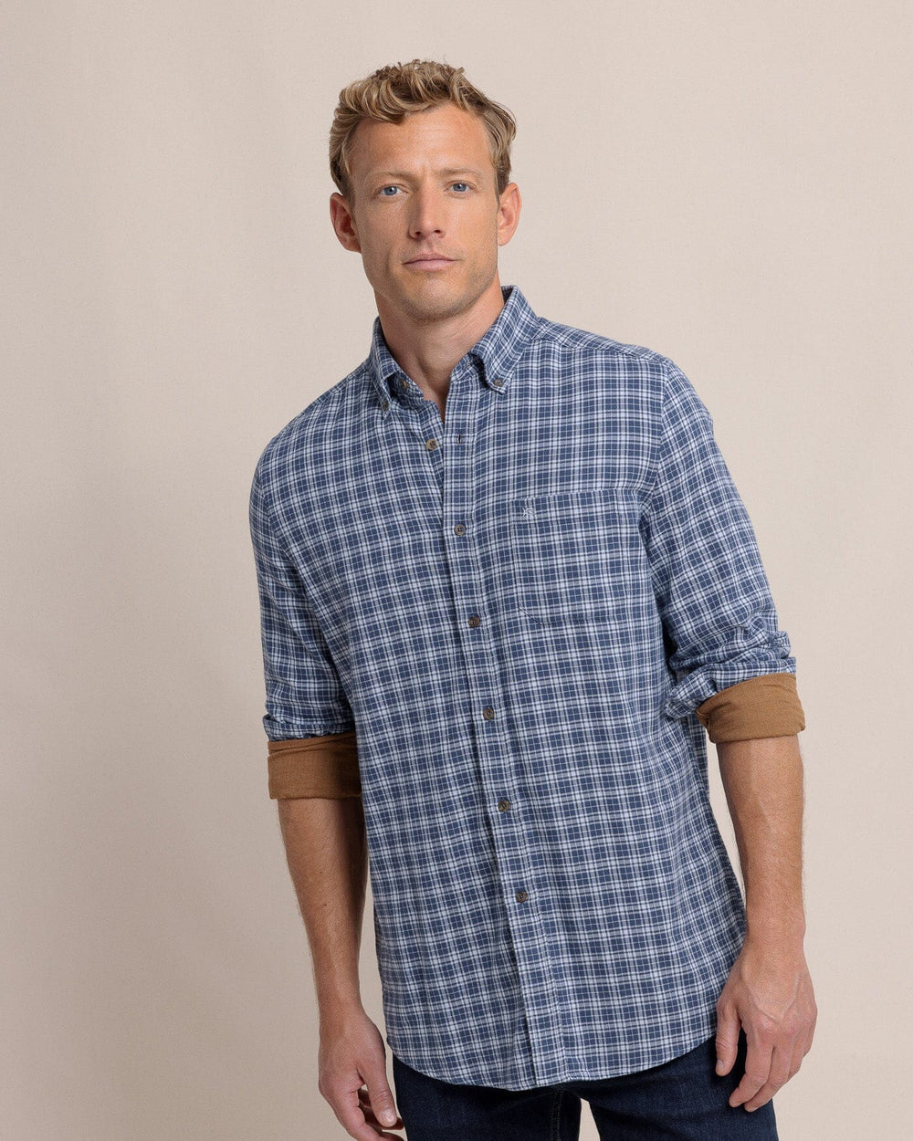 The front view of the Southern Tide Barnwell Plaid Long Sleeve Sport Shirt by Southern Tide - Triumph Blue