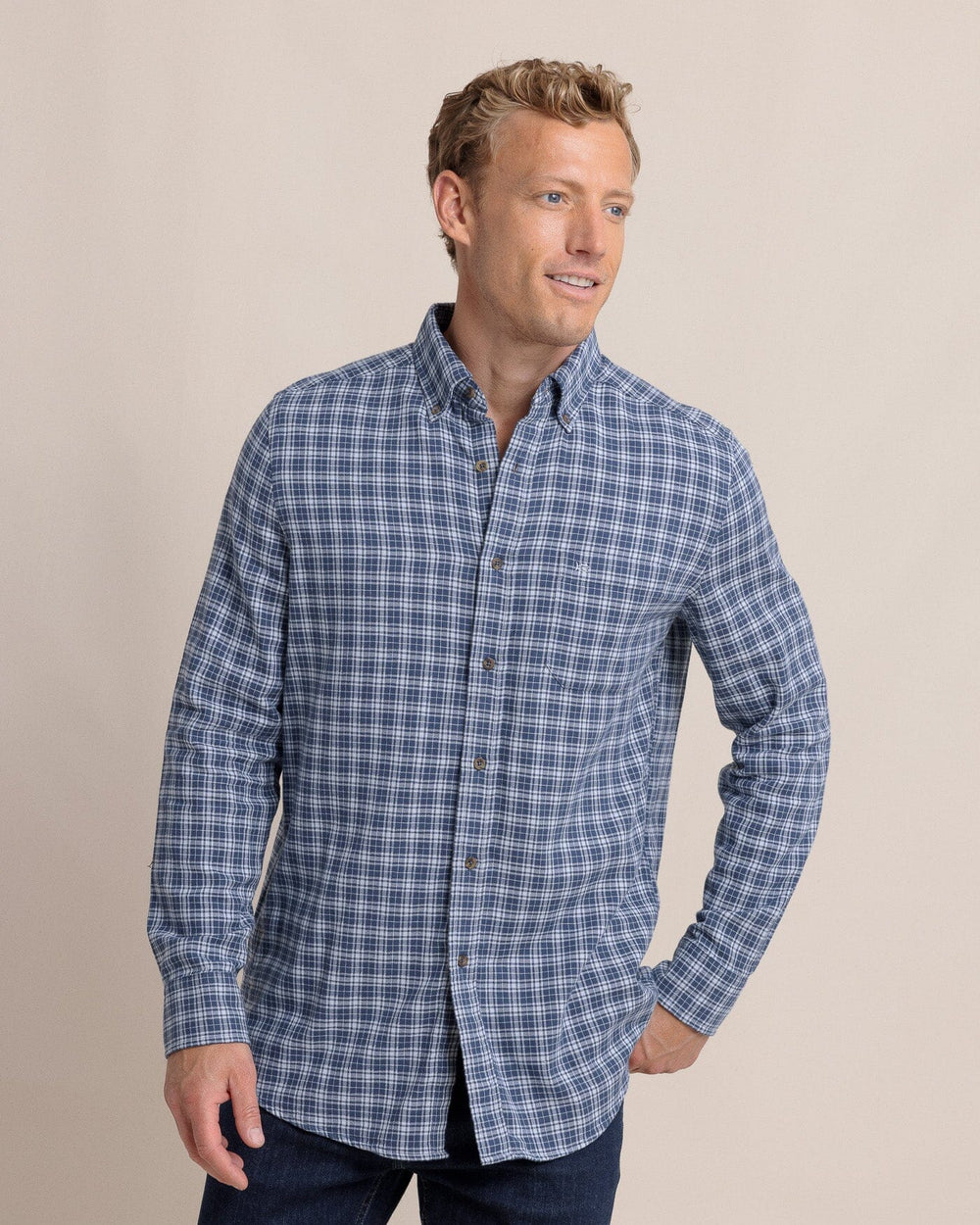 The front view of the Southern Tide Barnwell Plaid Long Sleeve Sport Shirt by Southern Tide - Triumph Blue