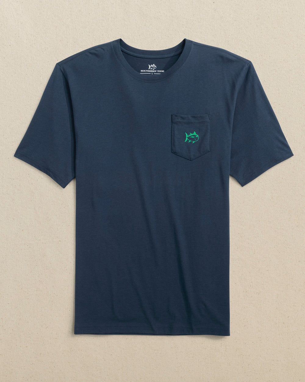 The front view of the Southern Tide Basket of Beers Short Sleeve T-Shirt by Southern Tide - Dress Blue