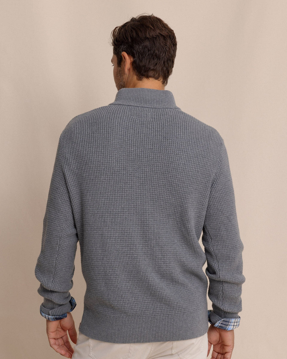 The back view of the Southern Tide Bass Creek Heather Quarter Button Sweater by Southern Tide - Heather Anchor Grey