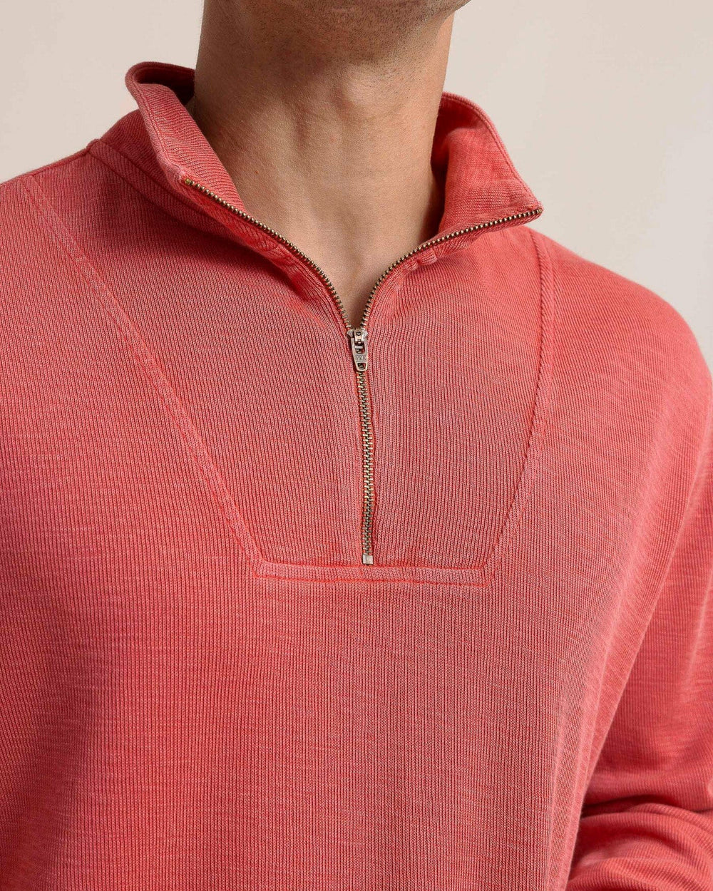 The detail view of the Southern Tide Bar Berry Quarter Zip by Southern Tide - Mineral Red