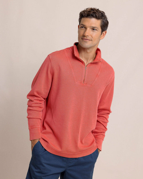 The front view of the Southern Tide Bar Berry Quarter Zip by Southern Tide - Mineral Red