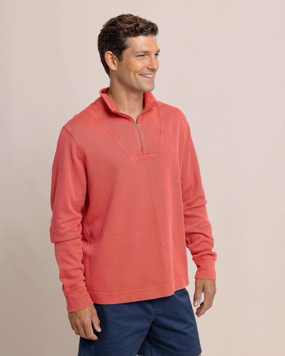 The front view of the Southern Tide Bar Berry Quarter Zip by Southern Tide - Mineral Red