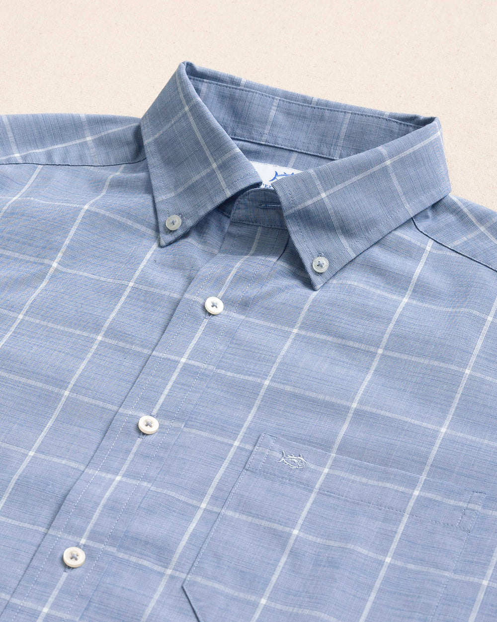 The detail view of the Southern Tide Bay Breeze Plaid Sport Shirt by Southern Tide - Blue