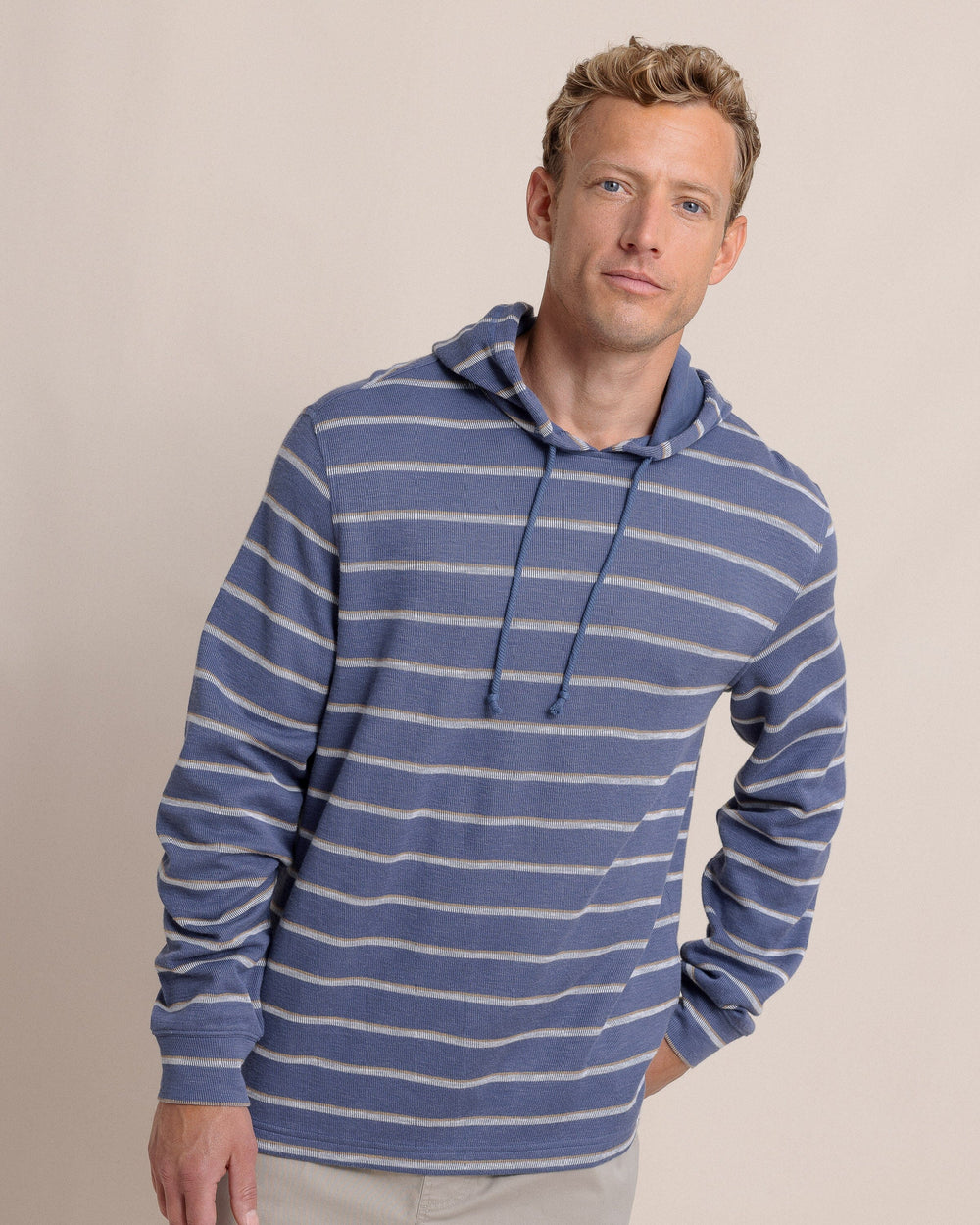 The front view of the Southern Tide Bay View Stripe Hoodie by Southern Tide - Light Indigo