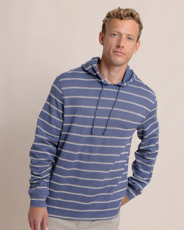 The front view of the Southern Tide Bay View Stripe Hoodie by Southern Tide - Light Indigo